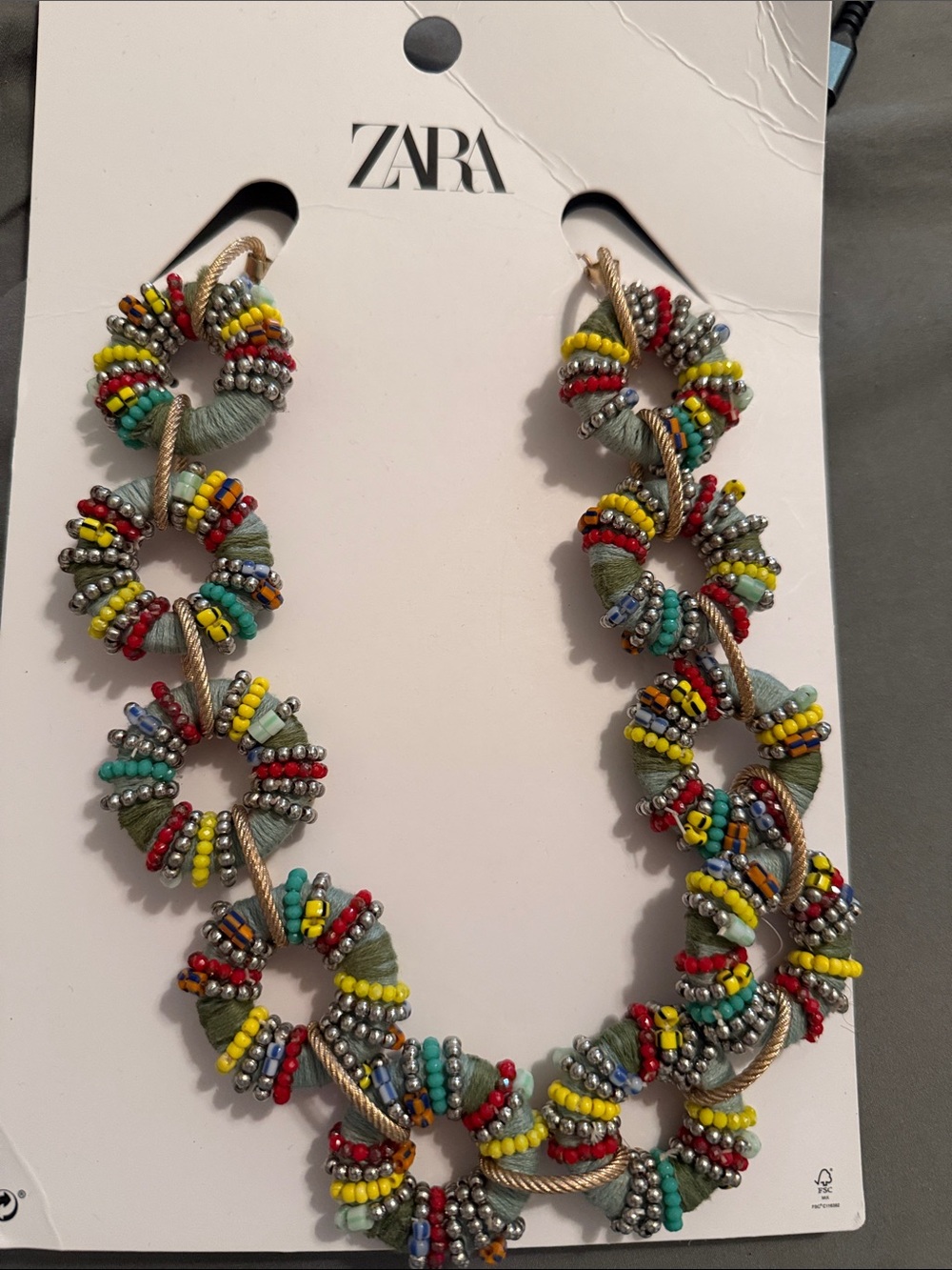 ZARA Multicolor Beaded Loop Necklace with Gold Cord